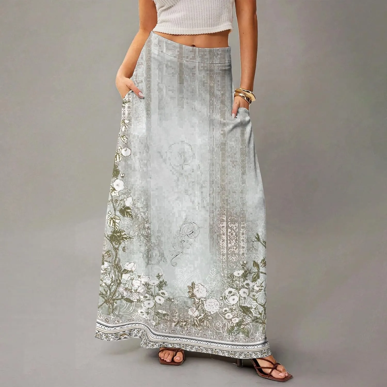 2025 Summer Flowy Long Maxi Skirts for Women Boho Floral High Waisted Casual Pleated Beach A Line Skirt with Pocket