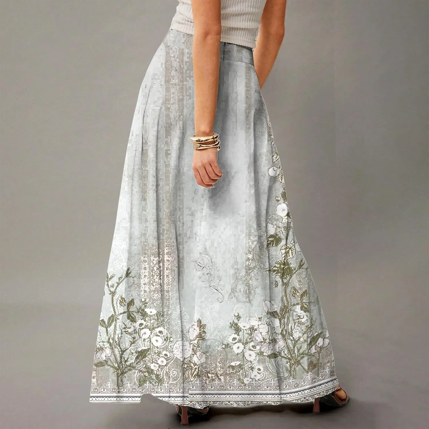 2025 Summer Flowy Long Maxi Skirts for Women Boho Floral High Waisted Casual Pleated Beach A Line Skirt with Pocket