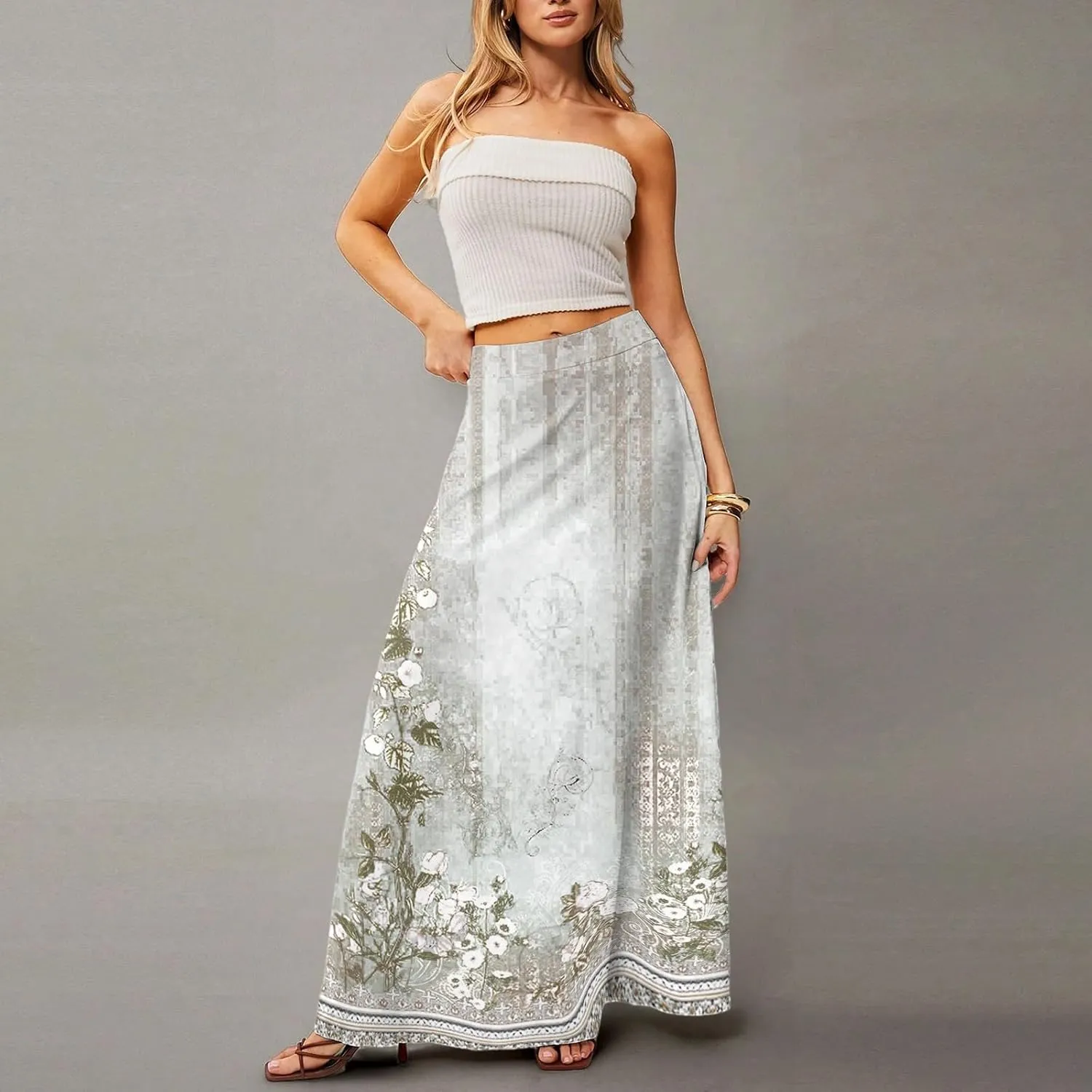 2025 Summer Flowy Long Maxi Skirts for Women Boho Floral High Waisted Casual Pleated Beach A Line Skirt with Pocket