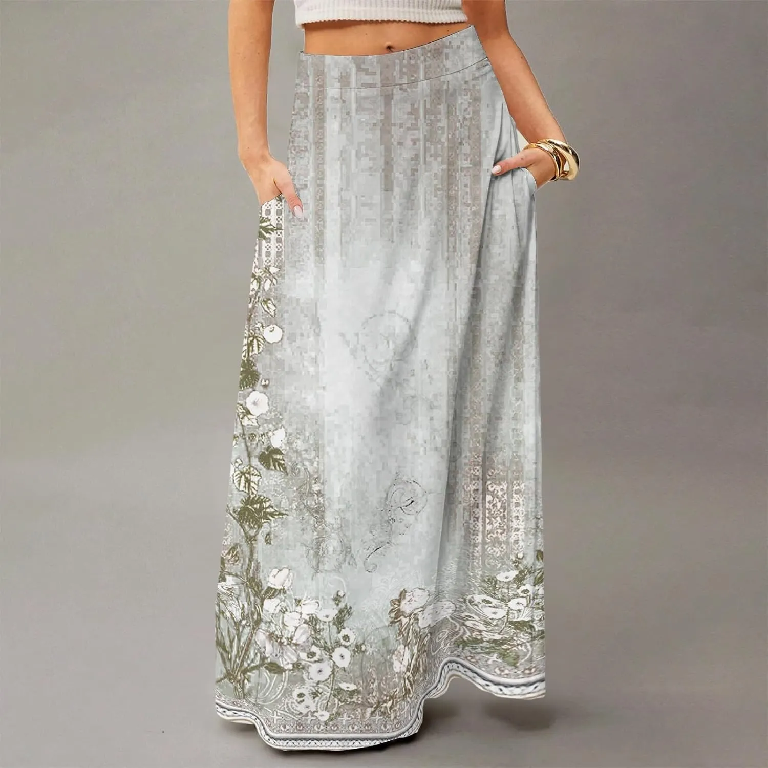 2025 Summer Flowy Long Maxi Skirts for Women Boho Floral High Waisted Casual Pleated Beach A Line Skirt with Pocket