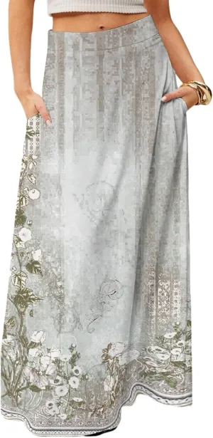 2025 Summer Flowy Long Maxi Skirts for Women Boho Floral High Waisted Casual Pleated Beach A Line Skirt with Pocket