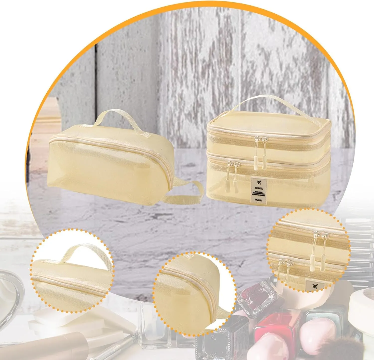 2Pcs Mesh Makeup Bag Brush Organizer Portable Double Layer Cosmetic Bag Make up Organizer for Outdoor Gym Activities, beige