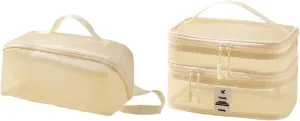 2Pcs Mesh Makeup Bag Brush Organizer Portable Double Layer Cosmetic Bag Make up Organizer for Outdoor Gym Activities, beige