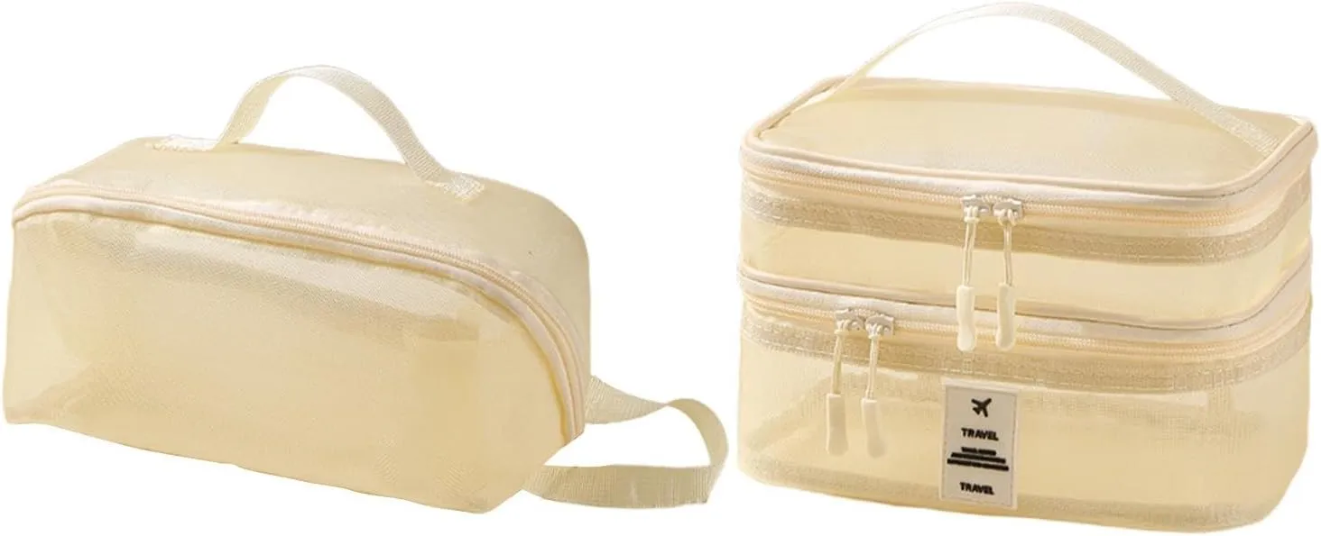 2Pcs Mesh Makeup Bag Brush Organizer Portable Double Layer Cosmetic Bag Make up Organizer for Outdoor Gym Activities, beige