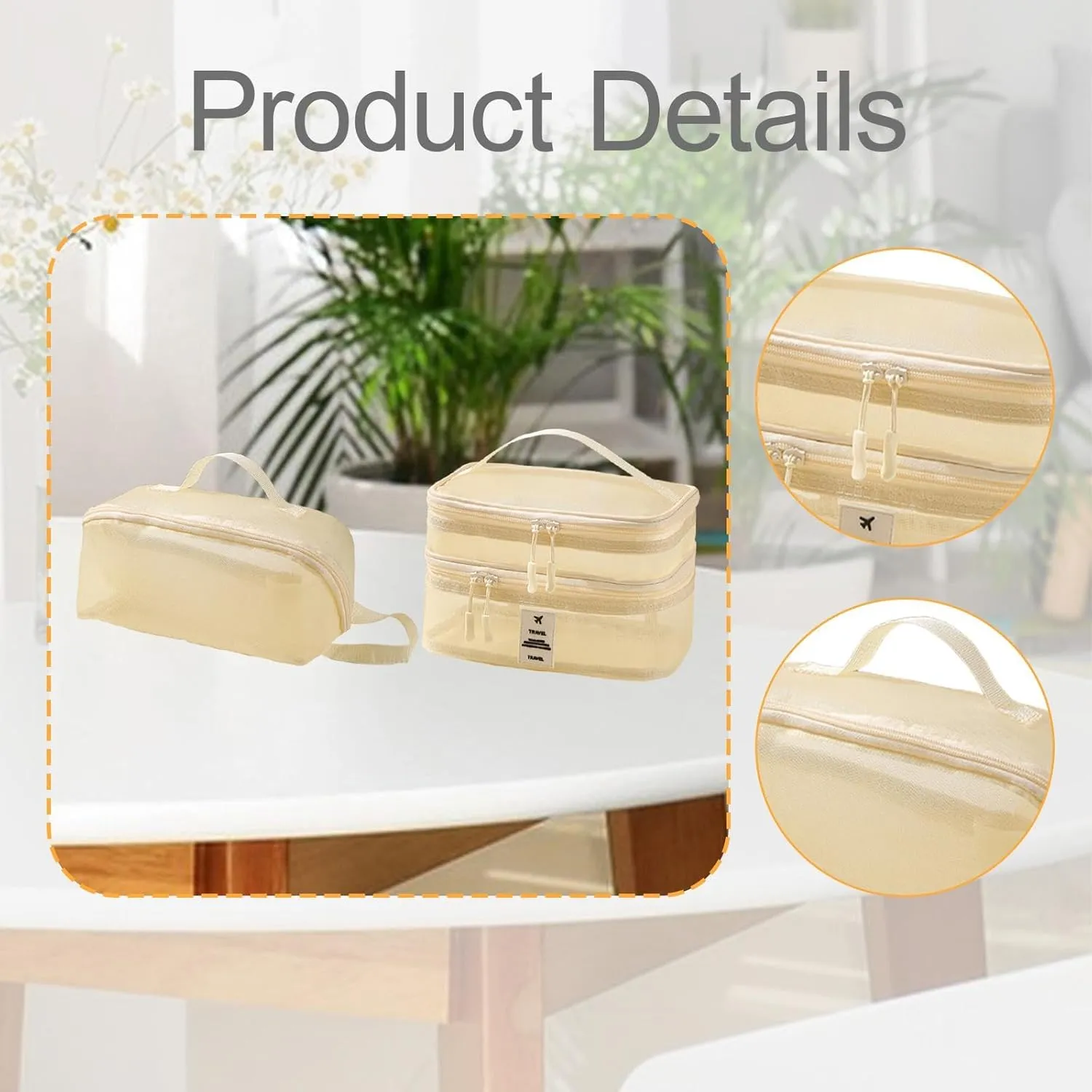 2Pcs Mesh Makeup Bag Brush Organizer Portable Double Layer Cosmetic Bag Make up Organizer for Outdoor Gym Activities, beige