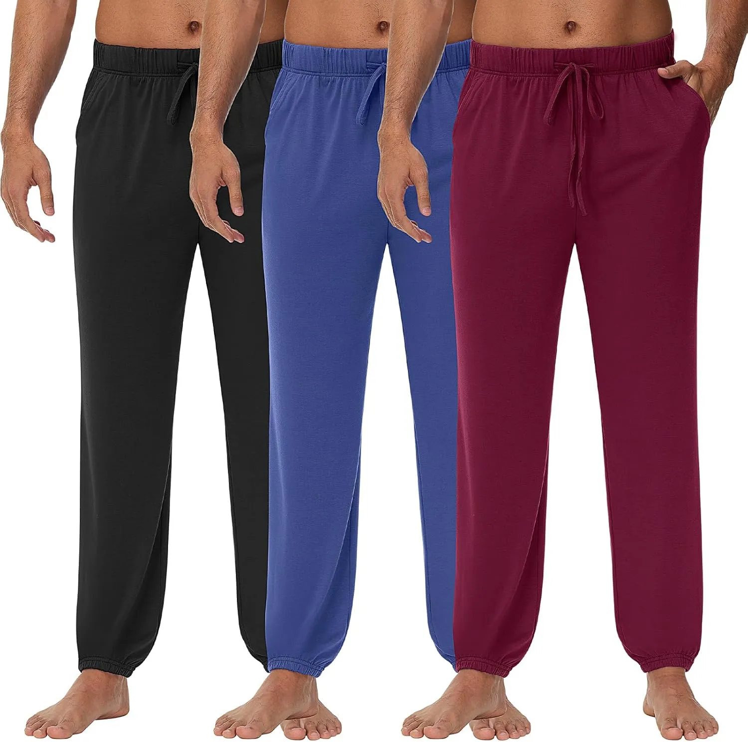 3 Pack: Men's Pajama Joggers -lightweight Pj Bottoms Lounge Pant Drawstring Pockets Elastic Banded Ankle Sleep Pant