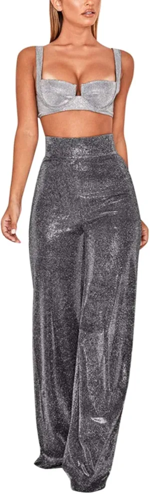 70s Pants for Women Sequin Glitter Sparkly Wide Leg Palazzo Pants High Waist Straight Casual Trousers Party Clubwear