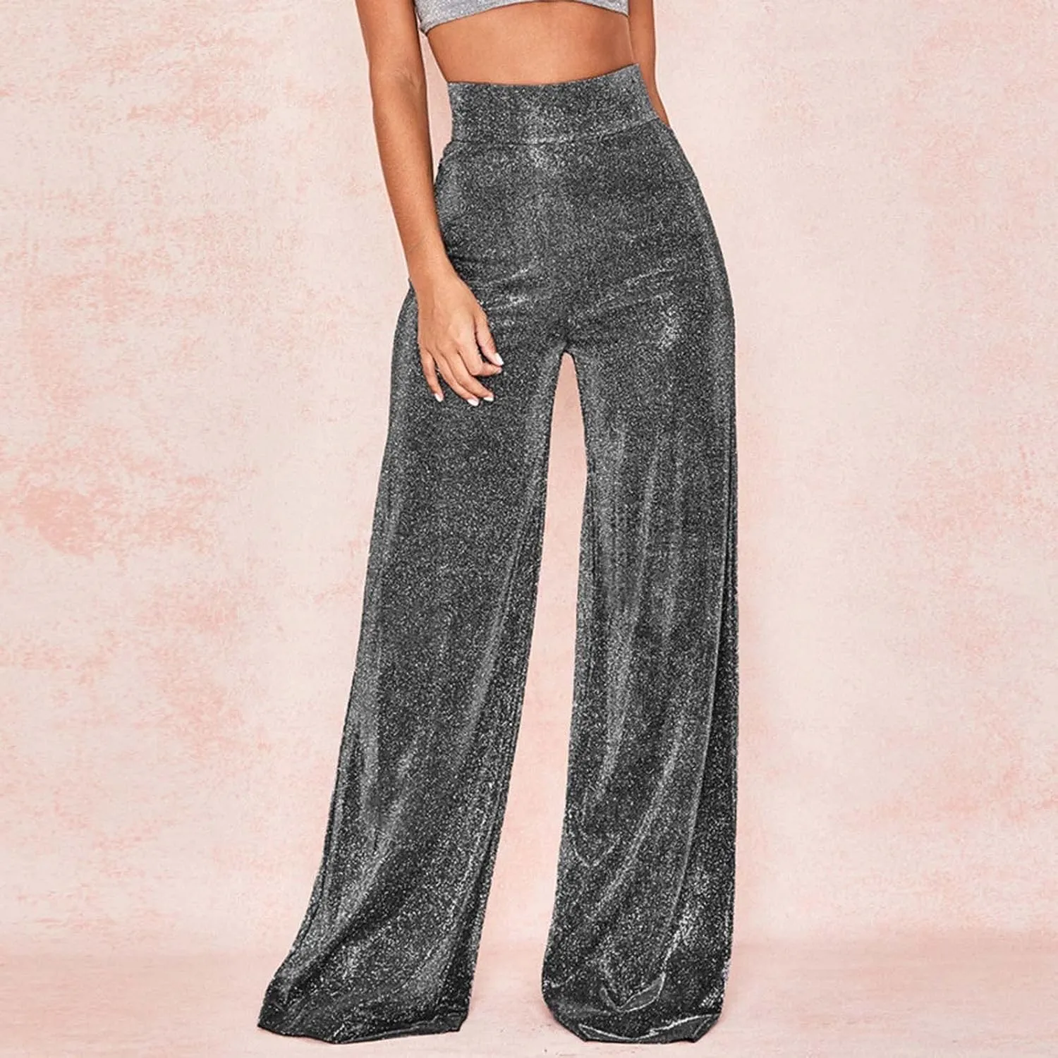 70s Pants for Women Sequin Glitter Sparkly Wide Leg Palazzo Pants High Waist Straight Casual Trousers Party Clubwear