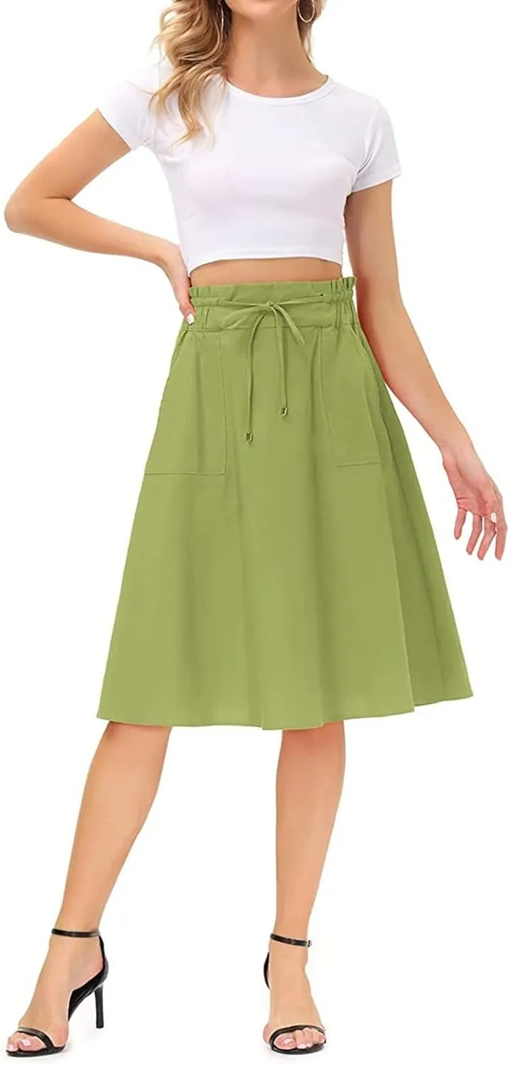 A Line Skirt for Women Solid Lightweight Drawstring High Elastic Waist Knee Length Summer Skirts 2025 Trendy Clothes