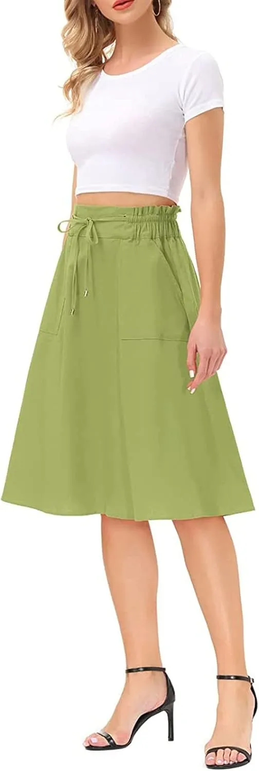 A Line Skirt for Women Solid Lightweight Drawstring High Elastic Waist Knee Length Summer Skirts 2025 Trendy Clothes