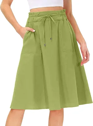 A Line Skirt for Women Solid Lightweight Drawstring High Elastic Waist Knee Length Summer Skirts 2025 Trendy Clothes