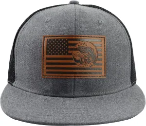 American Flag Fishing Trucker Hat for Men, Funny Embroidered Leather Patch Fish Baseball Cap