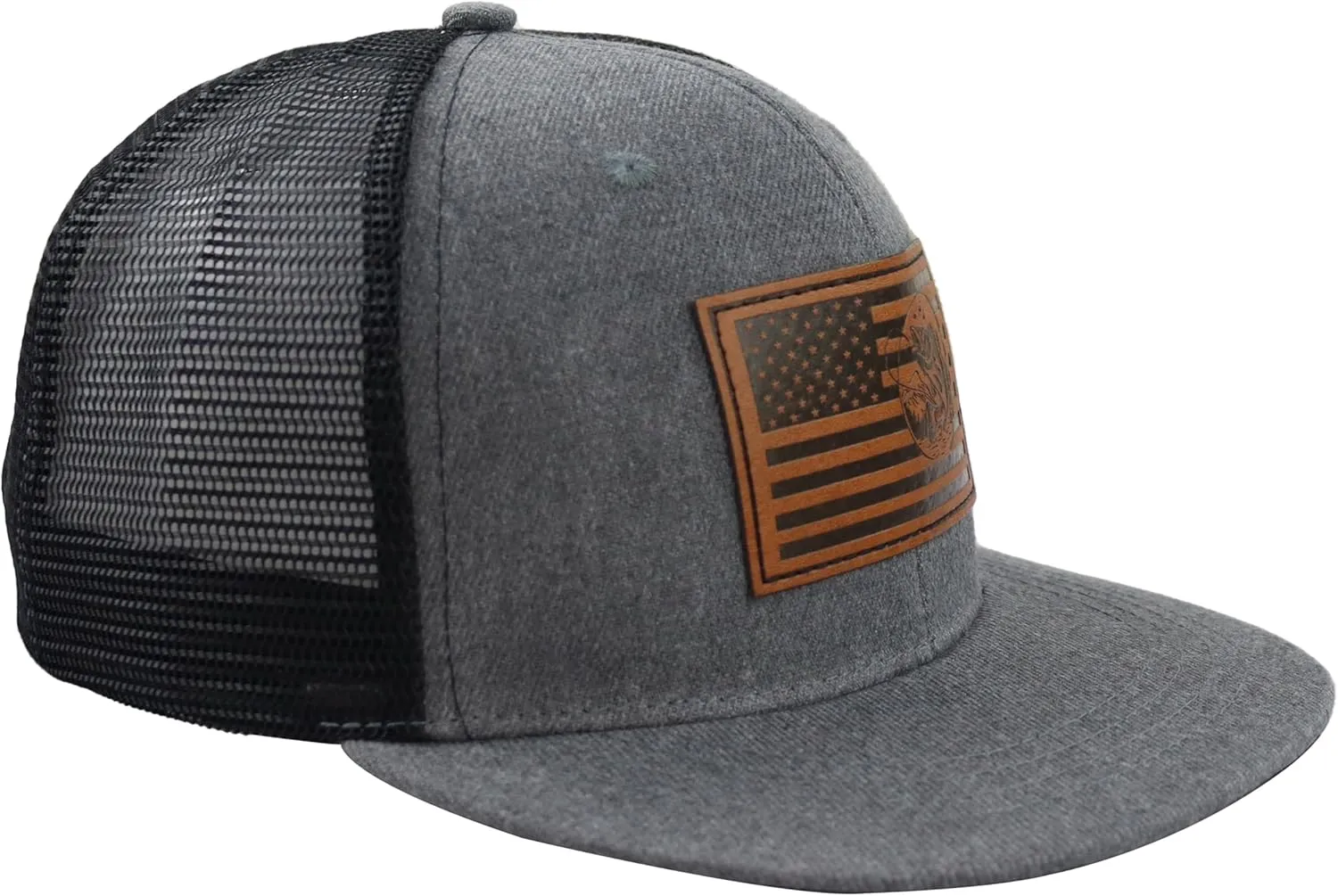 American Flag Fishing Trucker Hat for Men, Funny Embroidered Leather Patch Fish Baseball Cap