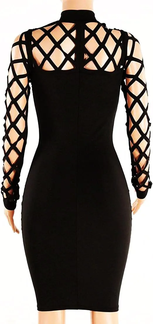 AMiERY Women's Hollow Out Dress Bandage Clubwear Long Sleeve Bodycon Dresses