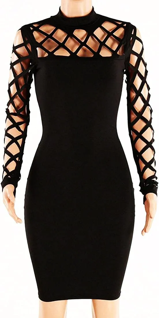 AMiERY Women's Hollow Out Dress Bandage Clubwear Long Sleeve Bodycon Dresses