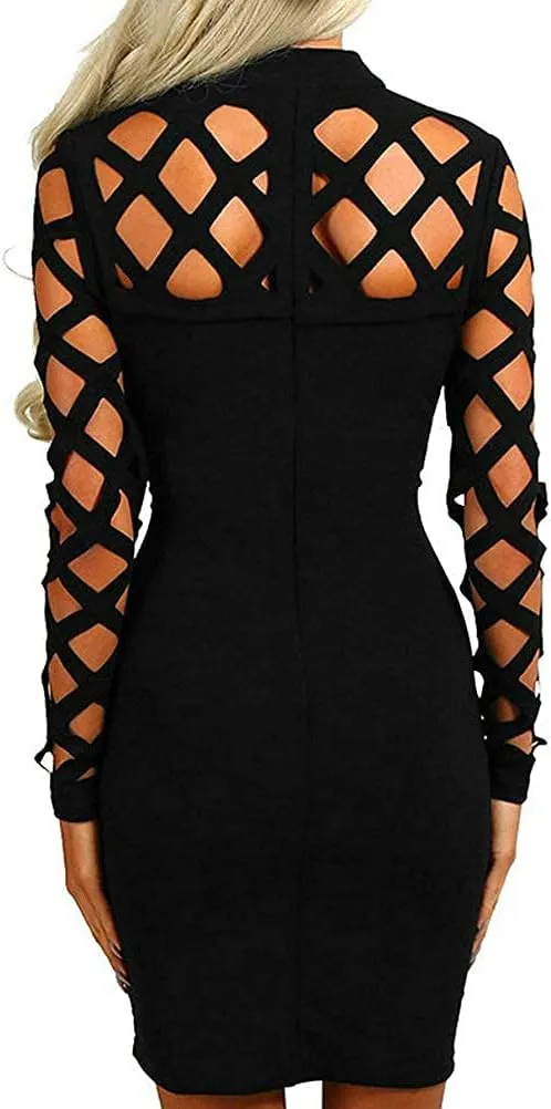 AMiERY Women's Hollow Out Dress Bandage Clubwear Long Sleeve Bodycon Dresses