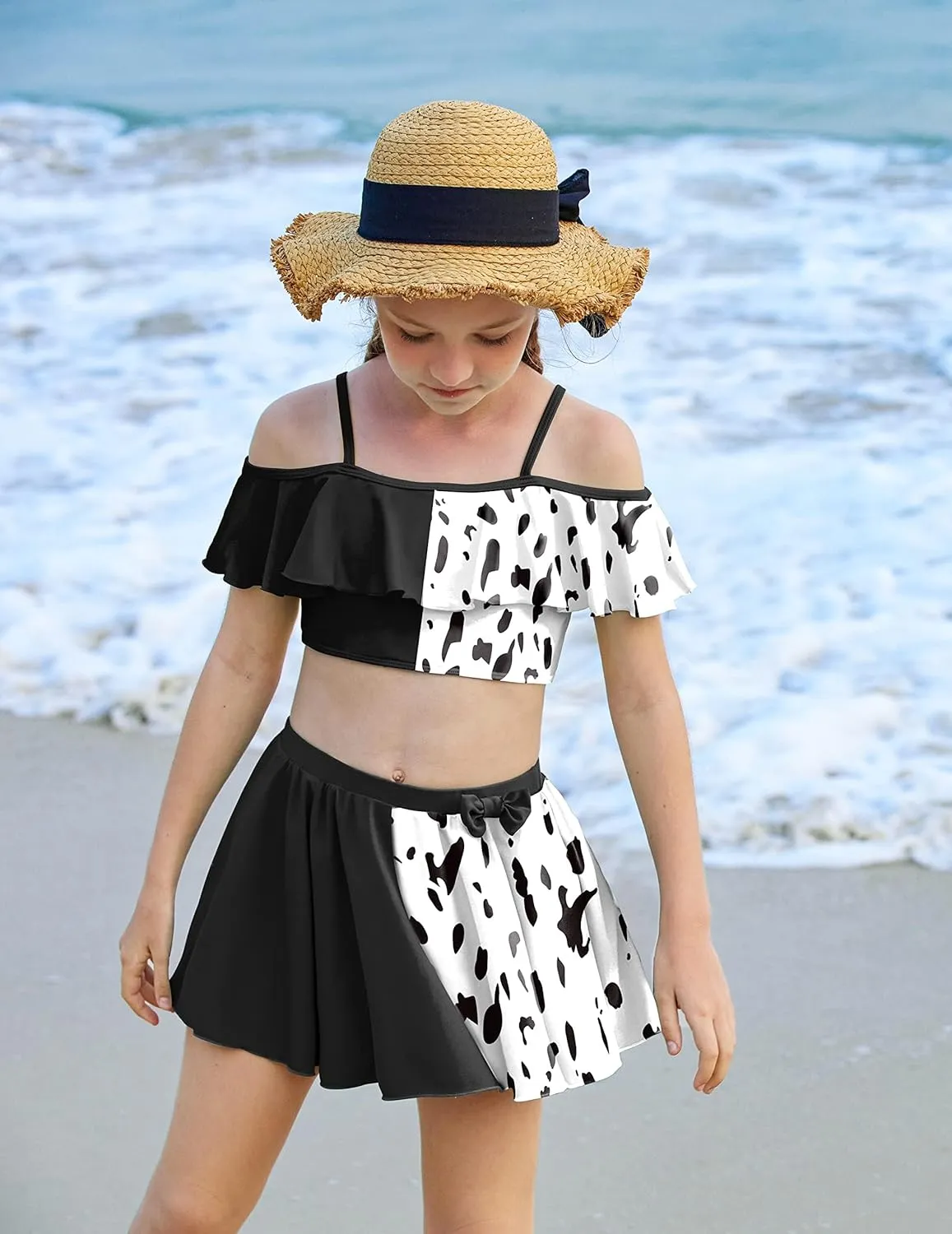 Arshiner 3 Piece Tween Girls Swimsuit Ruffle Sleeve Athletic Tankini Sport Swimwear with Swimming Skirt