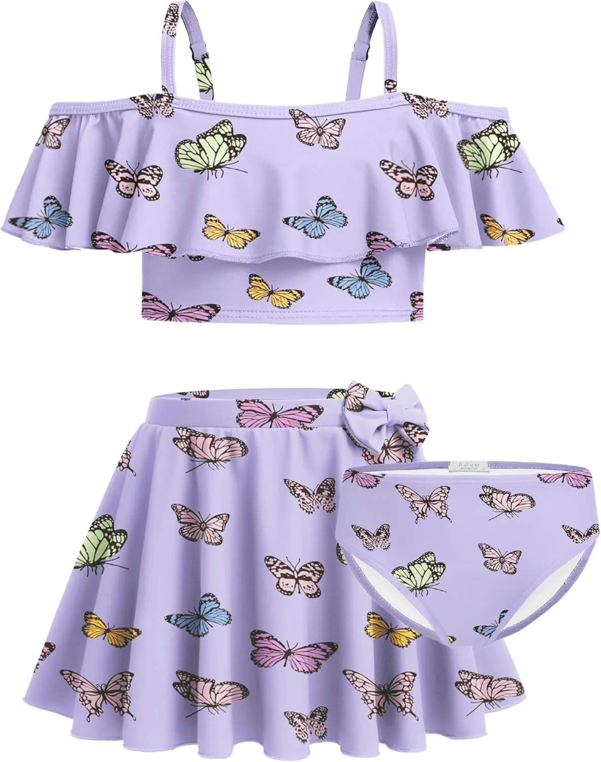 Arshiner 3 Piece Tween Girls Swimsuit Ruffle Sleeve Athletic Tankini Sport Swimwear with Swimming Skirt
