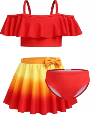 Arshiner 3 Piece Tween Girls Swimsuit Ruffle Sleeve Athletic Tankini Sport Swimwear with Swimming Skirt