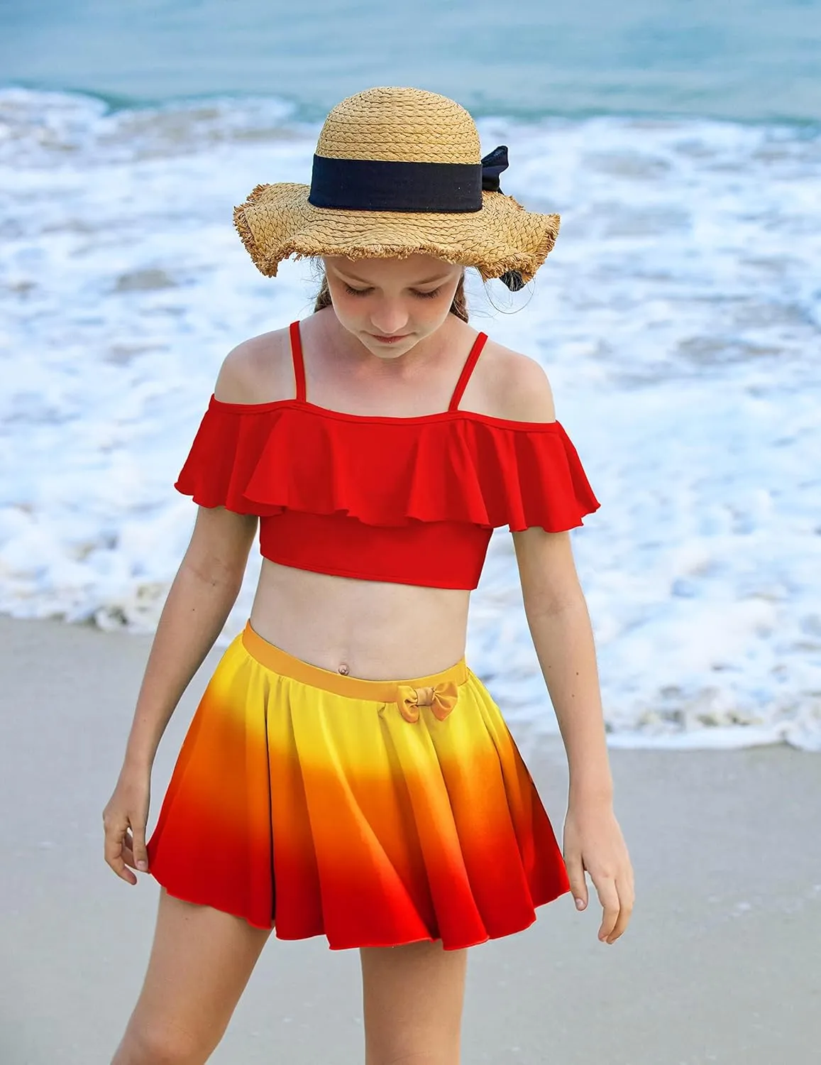 Arshiner 3 Piece Tween Girls Swimsuit Ruffle Sleeve Athletic Tankini Sport Swimwear with Swimming Skirt