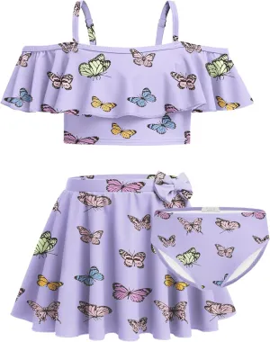 Arshiner 3 Piece Tween Girls Swimsuit Ruffle Sleeve Athletic Tankini Sport Swimwear with Swimming Skirt