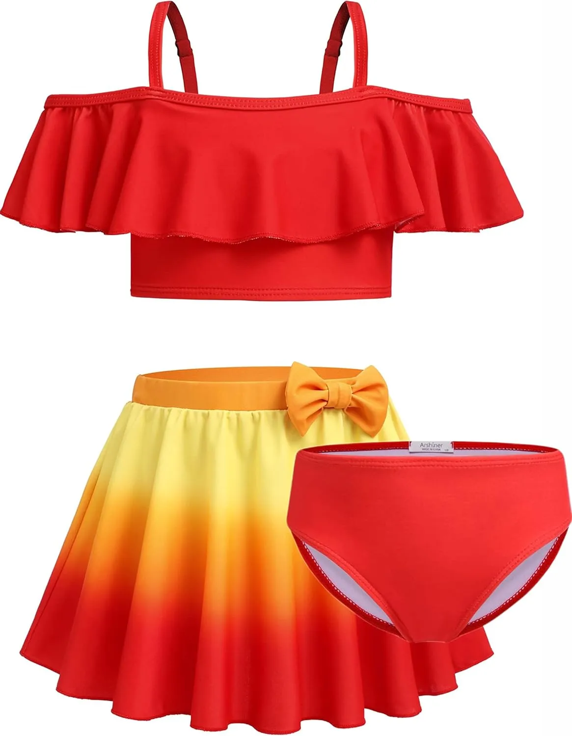 Arshiner 3 Piece Tween Girls Swimsuit Ruffle Sleeve Athletic Tankini Sport Swimwear with Swimming Skirt
