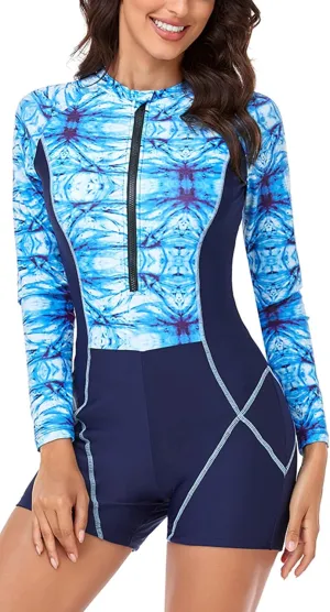 AUBIG Long Sleeve Shorty Wetsuit Women Sun Protection One Piece Swimsuit Printed Full Body Rash Guard Zip Up Surf Swimwear