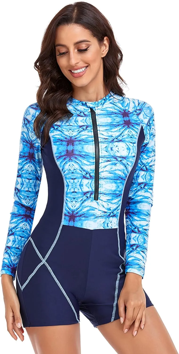 AUBIG Long Sleeve Shorty Wetsuit Women Sun Protection One Piece Swimsuit Printed Full Body Rash Guard Zip Up Surf Swimwear