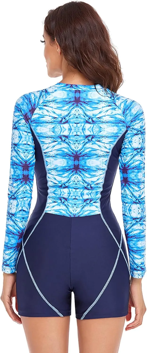 AUBIG Long Sleeve Shorty Wetsuit Women Sun Protection One Piece Swimsuit Printed Full Body Rash Guard Zip Up Surf Swimwear