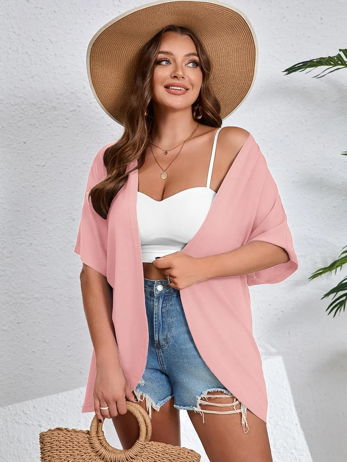 AusLook Women's Plus Size Short Sleeve Shawls and Wraps Lightweight Open Front Cardigan Cover Ups Shrugs Kimono Jacket Coat