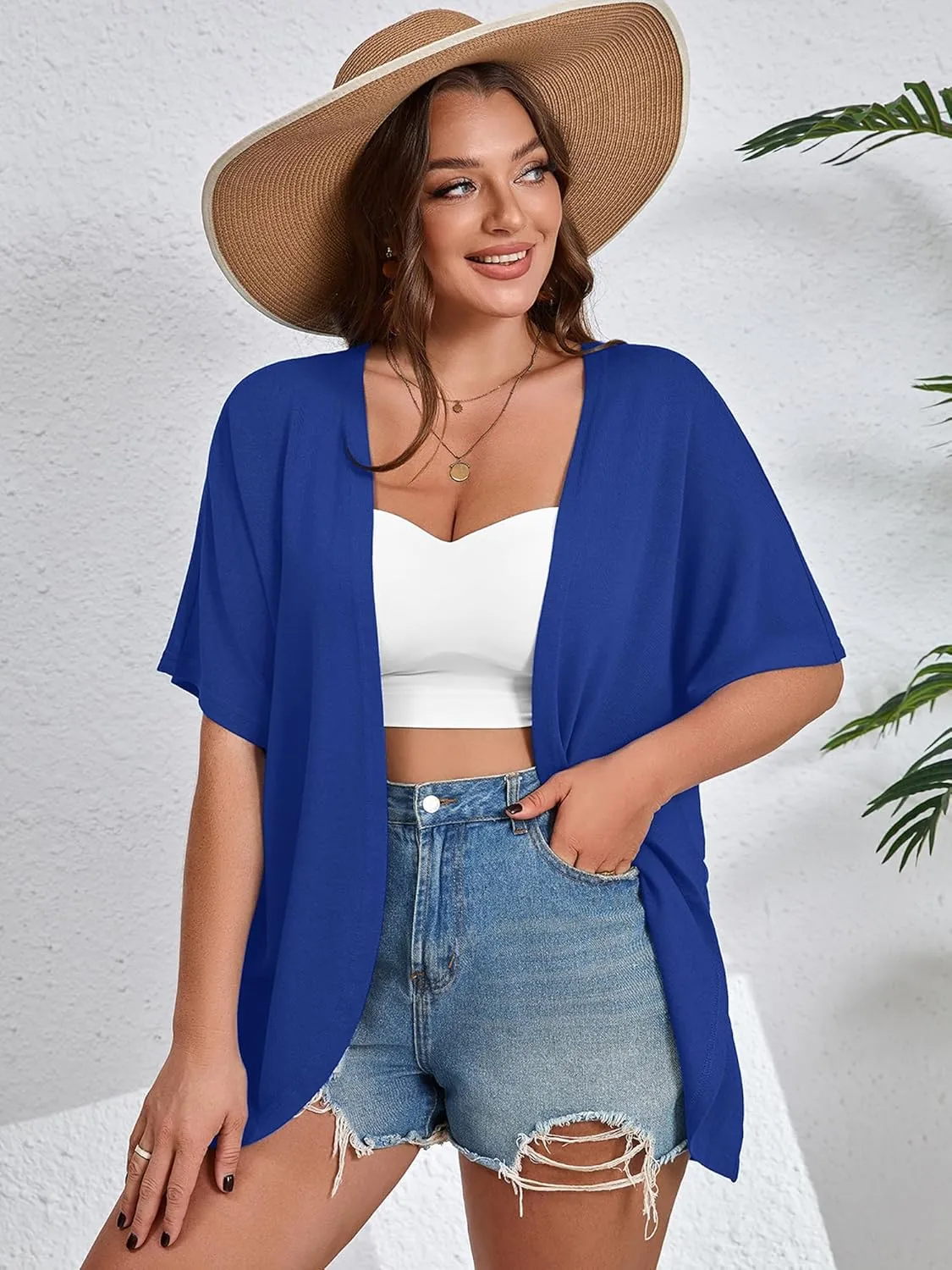 AusLook Women's Plus Size Short Sleeve Shawls and Wraps Lightweight Open Front Cardigan Cover Ups Shrugs Kimono Jacket Coat