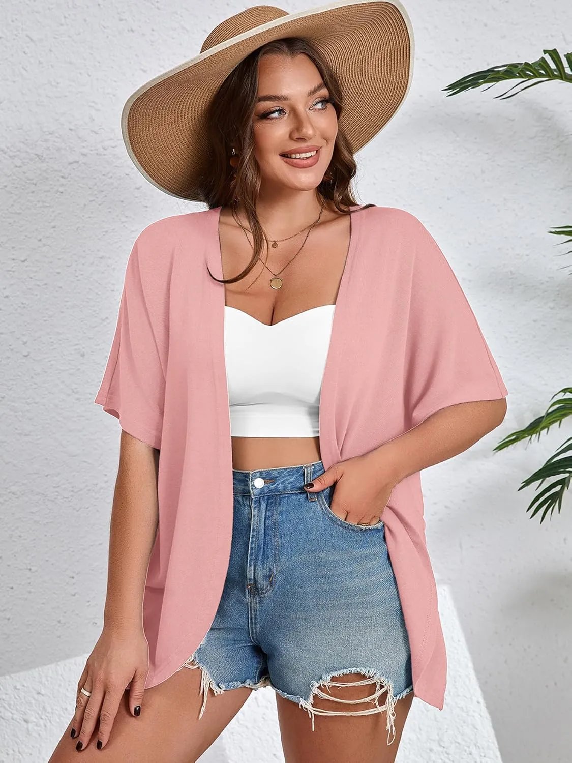 AusLook Women's Plus Size Short Sleeve Shawls and Wraps Lightweight Open Front Cardigan Cover Ups Shrugs Kimono Jacket Coat