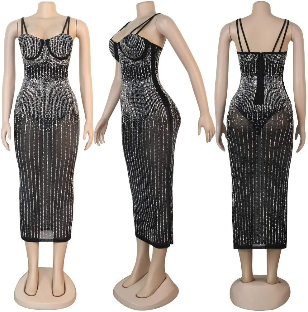 ausuky Women's Party Clubwear Mesh See Through Diamond Bodycon Sling Dress Bandeau Sexy Club Dress
