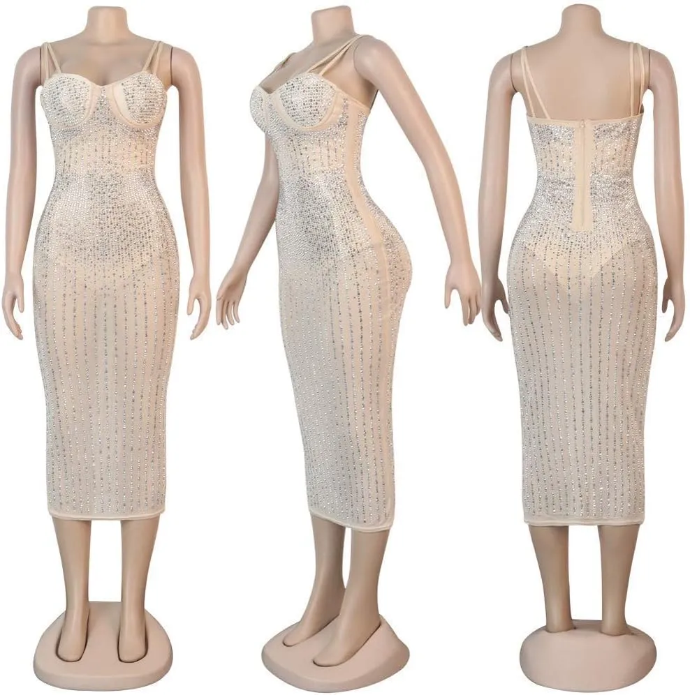 ausuky Women's Party Clubwear Mesh See Through Diamond Bodycon Sling Dress Bandeau Sexy Club Dress