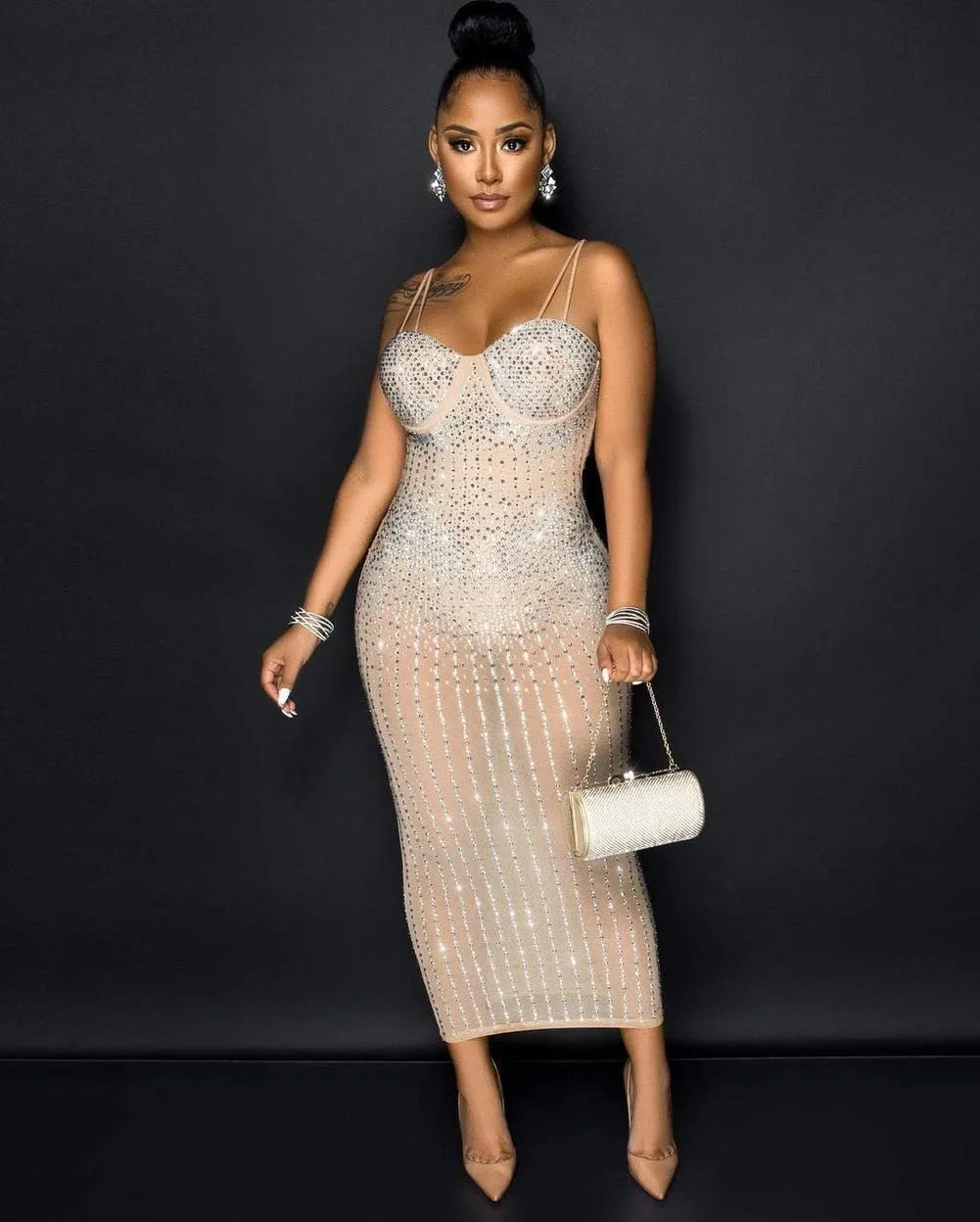 ausuky Women's Party Clubwear Mesh See Through Diamond Bodycon Sling Dress Bandeau Sexy Club Dress
