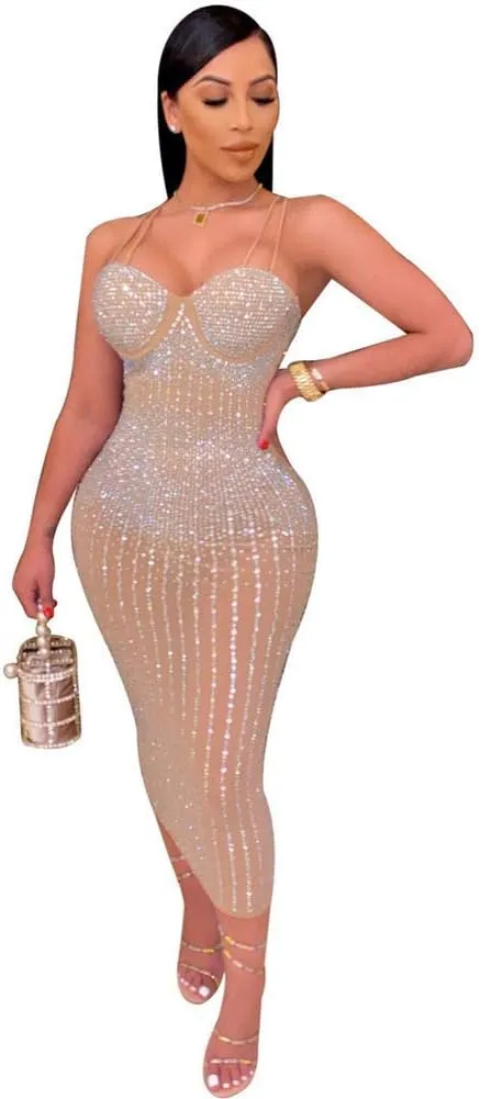 ausuky Women's Party Clubwear Mesh See Through Diamond Bodycon Sling Dress Bandeau Sexy Club Dress