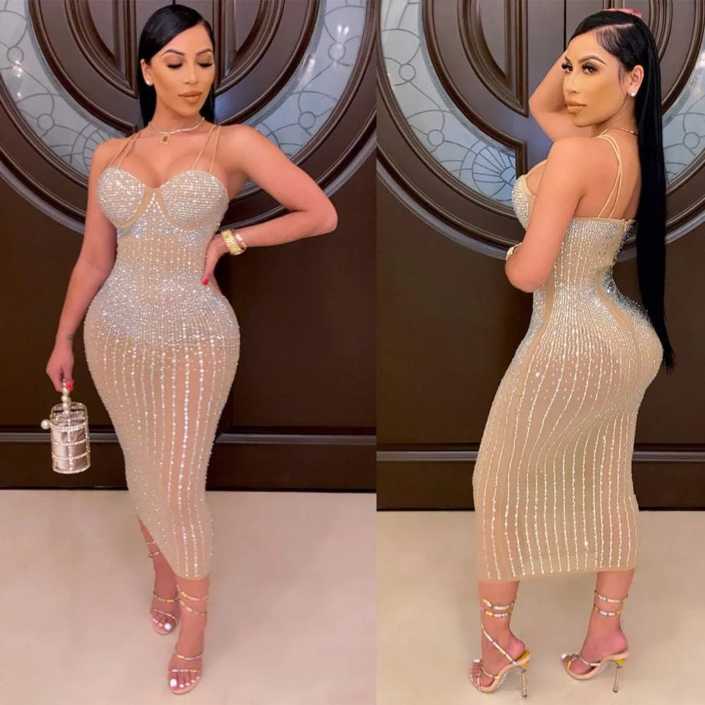 ausuky Women's Party Clubwear Mesh See Through Diamond Bodycon Sling Dress Bandeau Sexy Club Dress