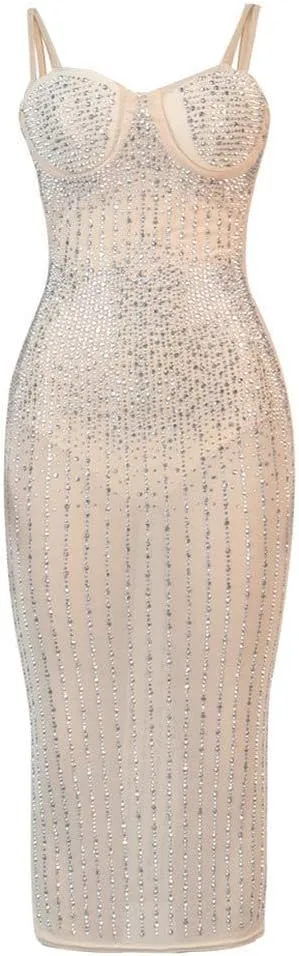 ausuky Women's Party Clubwear Mesh See Through Diamond Bodycon Sling Dress Bandeau Sexy Club Dress