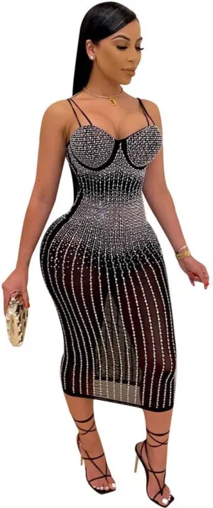 ausuky Women's Party Clubwear Mesh See Through Diamond Bodycon Sling Dress Bandeau Sexy Club Dress