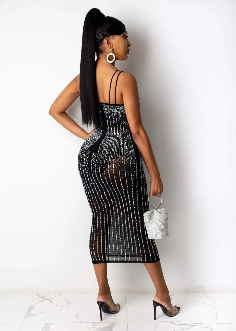 ausuky Women's Party Clubwear Mesh See Through Diamond Bodycon Sling Dress Bandeau Sexy Club Dress
