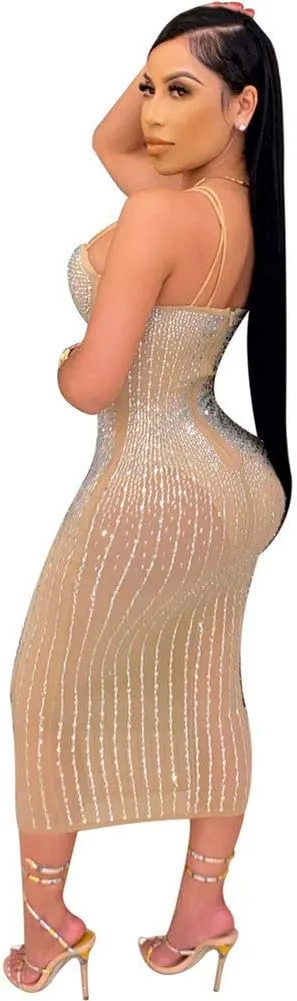 ausuky Women's Party Clubwear Mesh See Through Diamond Bodycon Sling Dress Bandeau Sexy Club Dress