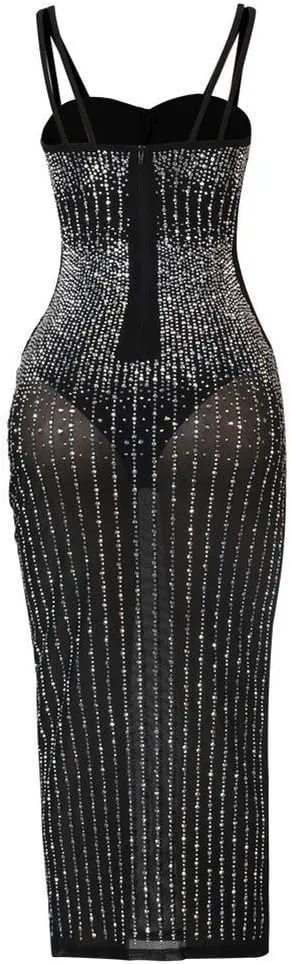 ausuky Women's Party Clubwear Mesh See Through Diamond Bodycon Sling Dress Bandeau Sexy Club Dress