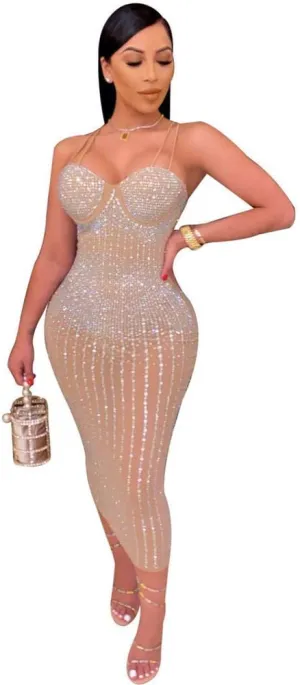 ausuky Women's Party Clubwear Mesh See Through Diamond Bodycon Sling Dress Bandeau Sexy Club Dress