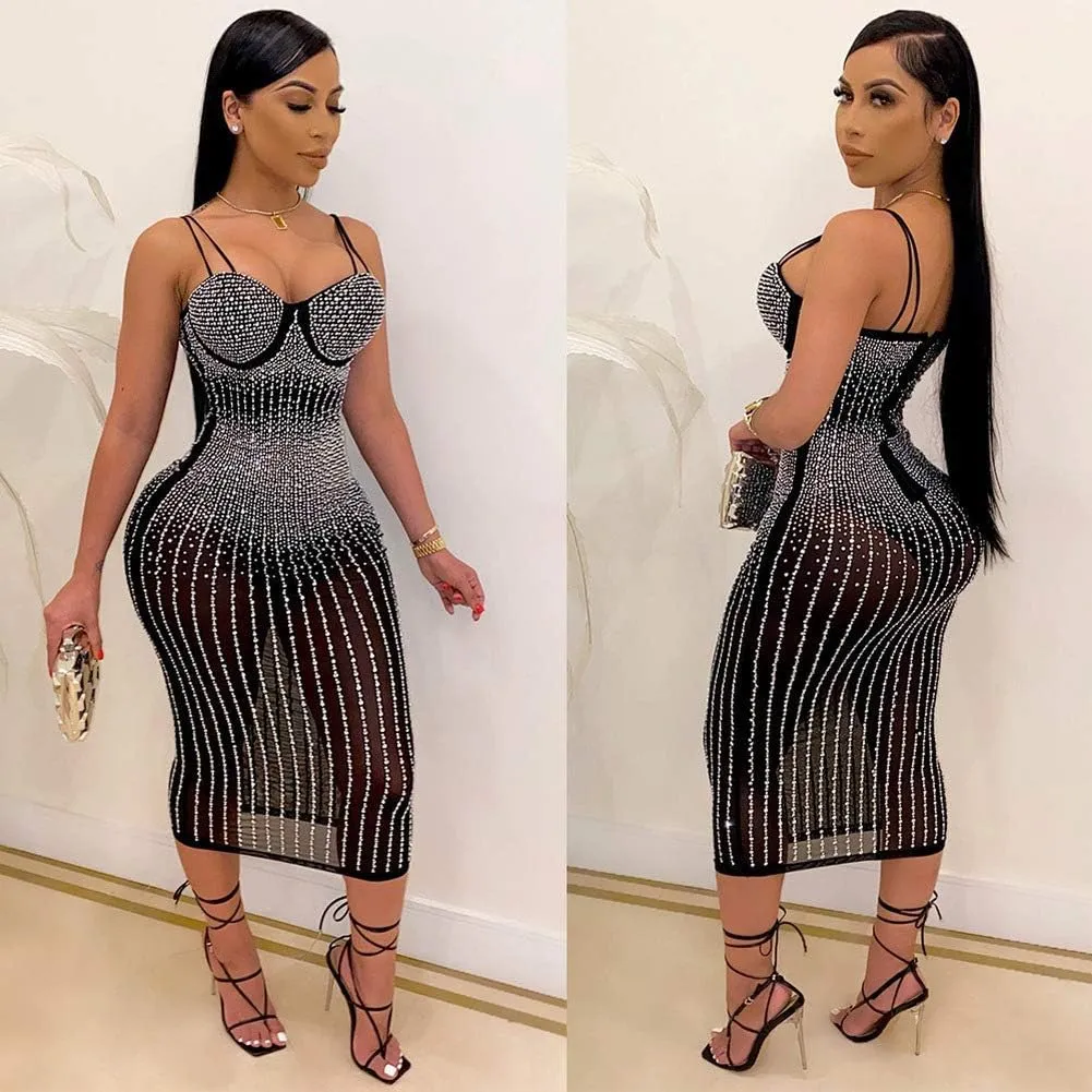 ausuky Women's Party Clubwear Mesh See Through Diamond Bodycon Sling Dress Bandeau Sexy Club Dress