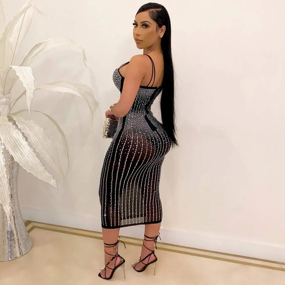 ausuky Women's Party Clubwear Mesh See Through Diamond Bodycon Sling Dress Bandeau Sexy Club Dress