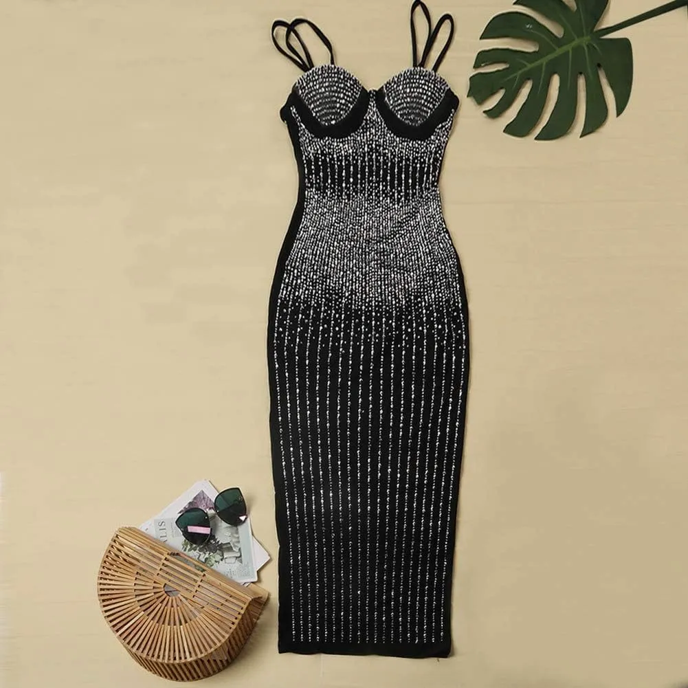 ausuky Women's Party Clubwear Mesh See Through Diamond Bodycon Sling Dress Bandeau Sexy Club Dress
