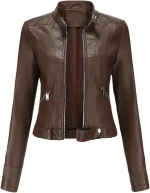 Autumn Spring Women's Faux Leather Moto Biker Jacket With Zipper Fashionable And Versatile Motorcycle Jacket