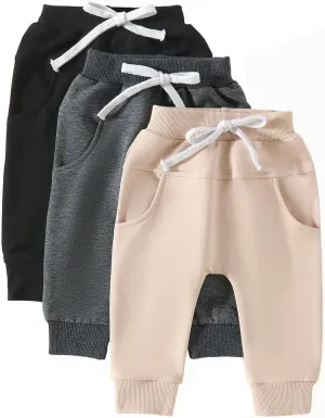 Baby Boy 3-Pack Jogger Pants Active Harem Pant Solid Casual Sweatpants Drawstring Elastic Waist Trousers Bottoms