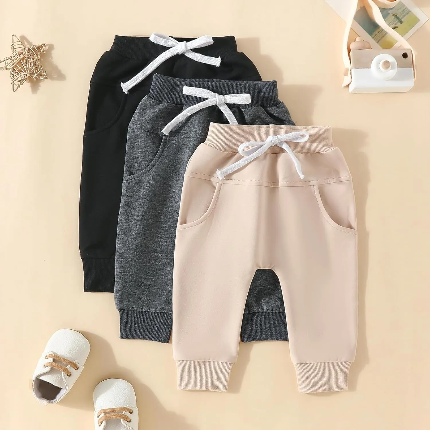Baby Boy 3-Pack Jogger Pants Active Harem Pant Solid Casual Sweatpants Drawstring Elastic Waist Trousers Bottoms
