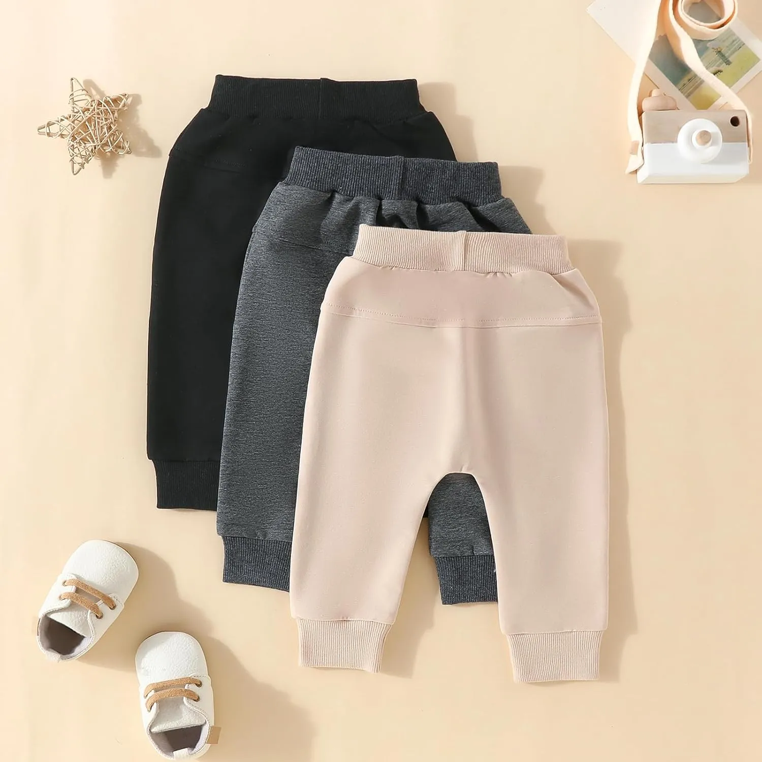 Baby Boy 3-Pack Jogger Pants Active Harem Pant Solid Casual Sweatpants Drawstring Elastic Waist Trousers Bottoms